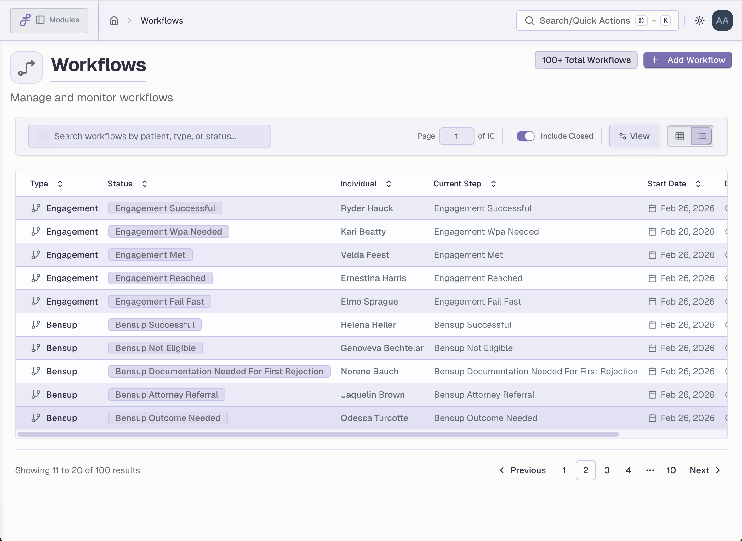 Workflows - Monitor and manage 100+ workflows with status tracking and patient data